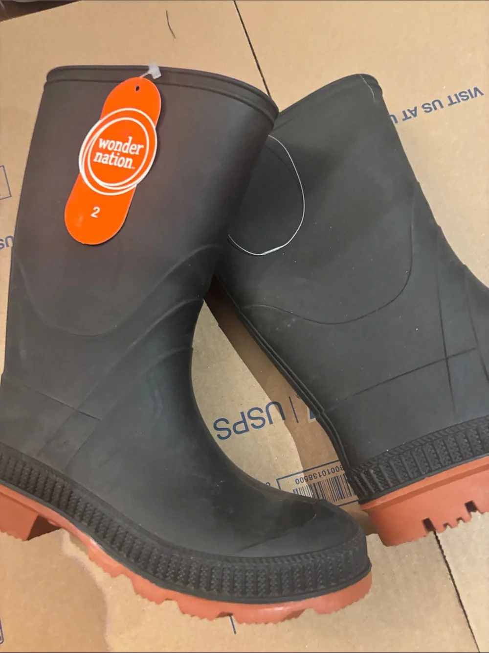 NWT wonder nation Black Rubber Rain & Snow Boots with Brown Outsole size 2